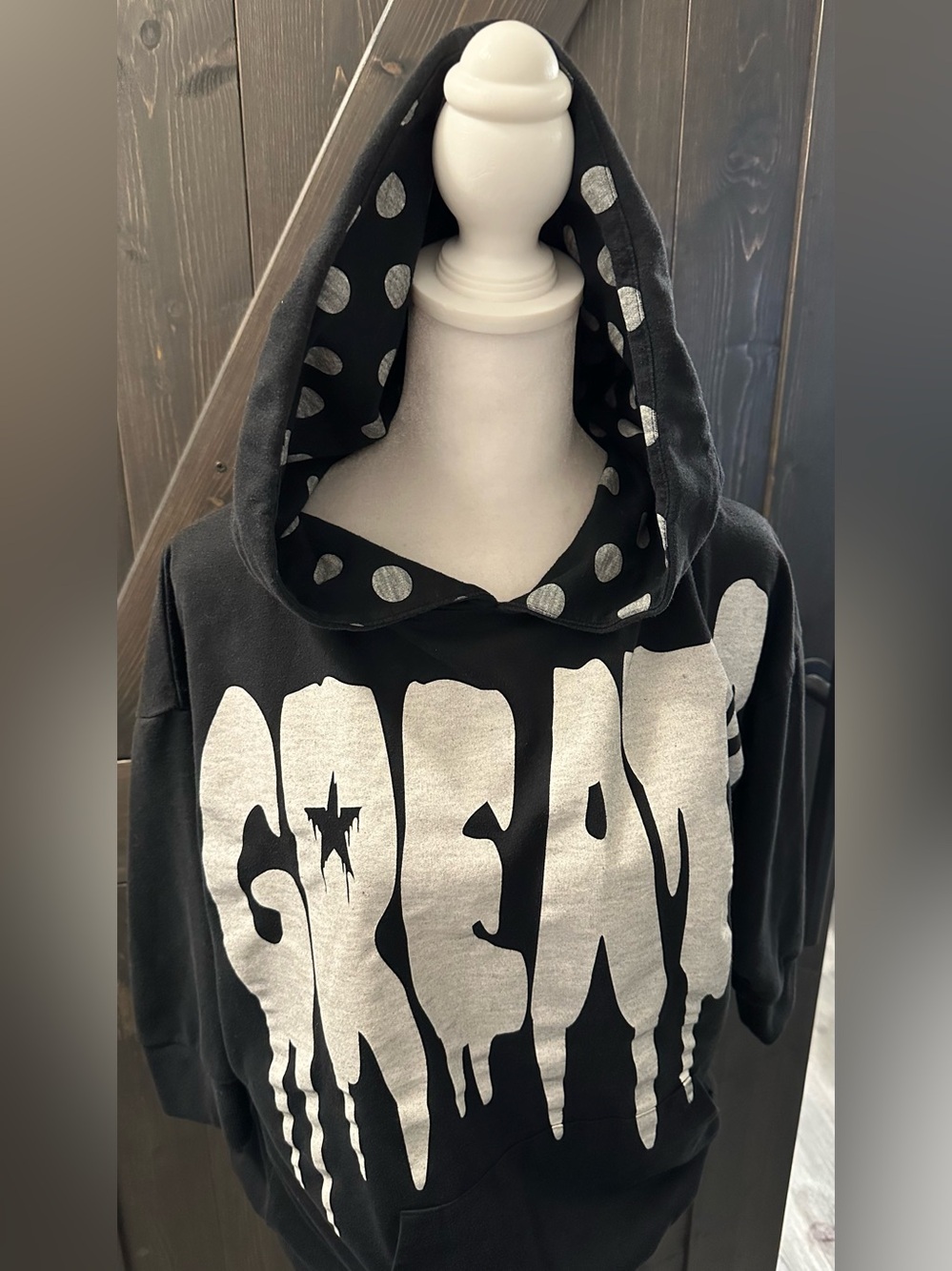 Galyge Black Hoodie with 'GREAT' Drip Graphic & Polka Dot Hoodie w/Ears - Size L